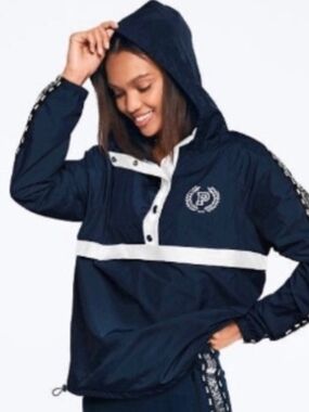 PINK Victoria's Secret Navy and White Hooded Pullover